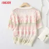 Tangada Corée Chic Femmes Élégant Motif Floral Pull d'été À Manches Courtes Dames Tricoté Jumper Tops YU64 210609