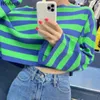 Kvinnor T-shirts Korean Off Shoulder Basic Långärmad Tees Shirt Loose Streetwear Contrast Färg Striped Casual Toppar 210519