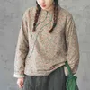 Johnature Kadınlar Kalın Gömlek Vintage Baskı Çiçek Standı Bluzlar Bahar Düğmesi Uzun Kollu Çin Tarzı Kadın Gömlek 210521
