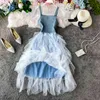 Sweet Denim Ruffles Princess Vestidos Spring Kawaii Korean Women Dress Ins Fashion Mesh Patchwork Dress 210521