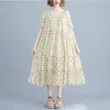 Johnature Zomer Koreaanse Retro Mode Dot Floral Print V-hals Korte mouw Jurken Eenvoudige losse Comfortabele Vrouwen Jurk 210521