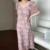 Korejpaa Kobiety Sukienka Lato Koreański Styl Western Romantic Square-Neck Kwiat Kwitnący Kwitnący Rękaw Puffowy Vestidos 210526