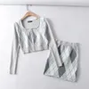 90s Vintage Zipper Argyle Plaid Punto Recortado Cardigan 2 PCS 1 Set Mujeres Suéter Paquete Hips Mini Falda Y2K Prendas de punto 210429