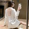 Blouses & Shirts Spring Sexy Black Backless Hollow Out Pearl Chain Satin Blouse Loose Full White Shirt Women Clothing Retro 210429
