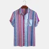 Retro Färgglada Striped Summer Mens Shirt Leopard Tryckt Patchwork Kortärmad T-shirts För Män Casual Button Camisas Hombre 210524