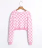 Vintage argyle pinkcardigans femmes crop chandails kawaii mohair hiver vêtements coréens 210521