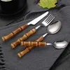 24 Pcs 16 Pcs Ensembles De Vaisselle Original Nature Bambou Poignée En Acier Inoxydable Haut De Gamme Couverts Fourchette Cuillère Maison Cuisine Vaisselle 211108