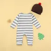 BMNMSL 2PCS Infant Thanksgiving Day Outfits Baby Boys Stripe Letter Print Långärmad rund hals Jumpsuit + Animal Pattern Cap G1023