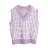 Mulheres moda casual solta houndstooth houndstooth colete v-pescoço xadrez sem mangas suéteres feminino chique pullover tops 210514