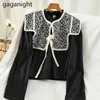 GaGanight Vintage Kadınlar Bluz Katı Uzun Kollu Mahsul Gömlek Ofis Bayan Bluzlar Çiçek Şal Moda Gömlek Korece Dış Giyim ile 210323