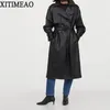 ZA 여성 패션 벨트 더블 브레스트 가짜 가죽 트렌치 코트 빈티지 긴 소매 여성 겉옷 세련된 Overcoat 210602