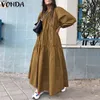 Vintage Women Solid Sukienka 2021 Autumn Casual Lose Latn Rlewa plisowane Maxi Sundress Female Party Vestidos Sukienki