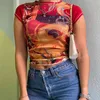 手描きのプリント夏の韓国のファッション半袖女性のTシャツのための女の子Y2Kクロップトップシックネクタイティーシャツ通り210510