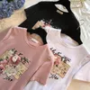 Summer Women's T-shirt Short Sleeve Cotton Floral Print Female T-shirts Pearl Appliques 3D Beading O Neck Casual Elegant 210518
