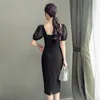 Black Midi Office Dress for women Summer Short Sleeve V Neck lace Sundress Sexy ladies Korea OL bodycon Dresses 210602