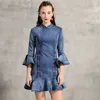 Johnature Leisure Denim Klänning Kvinnor Kläder Höst Fjäril Ärm Vintage Ruffles Stand Collar Sheath Women Dresses 210521