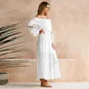 Elegancki Sexy Off Shoulder Boho Kobiety Biały Maxi DR2021 Wiosna Letnia Plaża Długi Drace Długim Rękawem Kobiet Suknie X0621