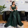 Jägare Grön Sequined Mermaid Evening Klänningar Med Avtagbar Tåg Bow Ribbon Sash African Aso Ebi Plus Storlek Prom Dress African