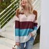 Casual Woman Loose Colorful Stripe V Neck Sweater Spring Autumn Fashion Ladies Backless Knitwear Kvinna Chic Stora Toppar 210515