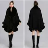 Eleganckie V Lapel Rex Rabbit Fur Coat Cape Winter Women Duży Długi Szal Pełna Wykończenia Faux Fur Cashmere Cloak Płaszcz Parka 211019