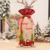 Cubiertas navideñas para botellas de vino, bolsas de champán a cuadros de búfalo de arpillera Vintage, papel de regalo, decoraciones para mesa de comedor XBJK2111