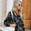 blusa con cuello en v y estampado de estrellas con cordones, blusa elegante para mujer, tops blancos de oficina para otoño e invierno, negro 210427