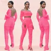 OMSJ Neon Color Mesh Sheer двух частей набор женщин мода, выладая наряды с длинными рукавами спортивный активный износостойкий коврик и брюки наборы 210517