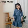 Koreaanse stijl lente meisjes jurk denim lange mouwen met sjerpen jurken kinderen casual kinderkleding E1071 210610