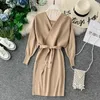 Vintage Slim Sexy Autumn Knitted Sweater Dress Bodycon Party Long Sleeve V-neck Bandage Dresses Women Casual Pencil Vestidos 210521