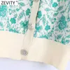 Zevity Femmes Mode Col V Floral Print Jacquard Court Pull tricoté Femme Chic Puff Sleeve Cardigans Crop Tops SW837 210603