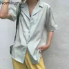 Nomikuma Verão único breasted manga curta blusas mulheres cor sólida ligeiramente transparente elegante camisas blusas 3a131 210514