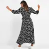 Vintage Floral Print Maxi Dress Women Boho Three Quarter Sleeve Long Sashes Dress Turn Down Collar Casual Shirt Dresses Robe 210730