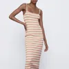 Мода вязаная полосатая оболочка MIDI платье женщин летом спагетти ремешок рукава женские платья Vestido Feminino 210430