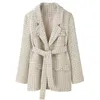 Autumn Spring Plaid Blazer Women Elegant Lace Up Full Sleeve Work Jacket Notched Collar Outerwear Retro Button Lattice Suit 210515