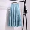 Skirts Summer Stitching Cotton And Linen Skirt Elegant Elastic High Waist Ruffles Pleated All-match A Line Casual Beach Holiday