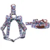 Cotton Spring Blue Flower Dog Harness with Bowtie and Basic Dog Leash Adjustable Buckle Pet Supplies 210712