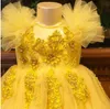 2021 Yellow Lace Beaded Ball Gown Tutu Flower Girl Dresses Fashion Tulle Elegant Lilttle Kids Birthday Pageant Weddding Gowns ZJ01