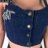 Two Piece Set Women Spaghetti Strap Tops Woman Pants Denim 2 Embroidery Button Pockets Sexy Club Lounge Wear 210515