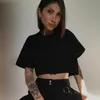 Rapwriter Casual Loose Solid Y2k Crop Tops Summer T-Shirt Women Heat O-Neck Short Sleeve Stretch Feminina 210623