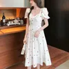 Designer piste femmes été manches bouffantes mince doux mignon fraise imprimer Vintage élégant blanc fête longue robe 210514