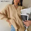 WOTWOY décontracté col en v tricoté surdimensionné Cardigan femmes boutons lâche lanterne manches chandails femme basique blanc automne hiver hauts 210922