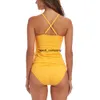 Controle de barriga amarelo tankini feminino swimsuit feminino biquínis conjunto oco halter swimwear duas peças de banho ternos 2022