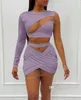 Women Two Pieces Pants Designer Slim Sexy Mesh Splicing One Shoulder Dress Solid Colour Long Sleeve Tee Mini Skirt Lady Outfits S-2XL