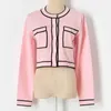 Runway Pink Cardigan Crop Top Luksusowe Przycięte Kobiety Okrągłe Neck Pojedynczy Piersed Dzianiny Krótki sweter Płaszcz 210914