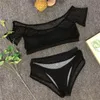 Bikinis set kvinnor sexig netto fishnet mesh bikini push-up pad fasta badkläder badning baddräkt beachwear patchwork svart kostym