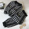 Plus Size S-4XL Donne Vintage Gold Button Plaid Plaid Zipper Cardigan in maglia + Pantaloni Lante Pantaloni 2 pezzi Set Tracksuits Donne Y0625