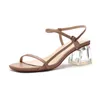 Sommarskor Kvinna Sandaler Transparent Solid Ankelband Crystal Glass Square High Heels 5.5cm Tofflor Sexiga Bröllopspumpar 210520