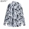 Zevity Femmes Vintage Encre Graffiti Print Blouse Blouse Femme Poches décontractées Chemises Chico Business Kimono Blusas Tops LS7714 210603