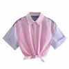 Verão rosa faixa poplin mulher camisas moda streetwear colheita tops mulheres button de manga curta para cima camisa de colarinho nó bainha 210430