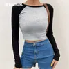 HEYounGIRL Casual Patchwork Long Sleeve Crop Top T Shirt Fashion Basic Cotton Tshirt Women Fashion Slim Korean Tee Shirt Femme Y0629